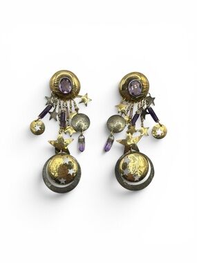 Vintage Sterling Silver 14K GF Tabra Purple Tourmaline Amethyst Earrings 4”